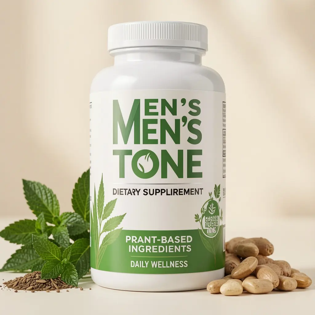 Men's Tone dietary supplement bottle with plant-based ingredients for daily wellness
